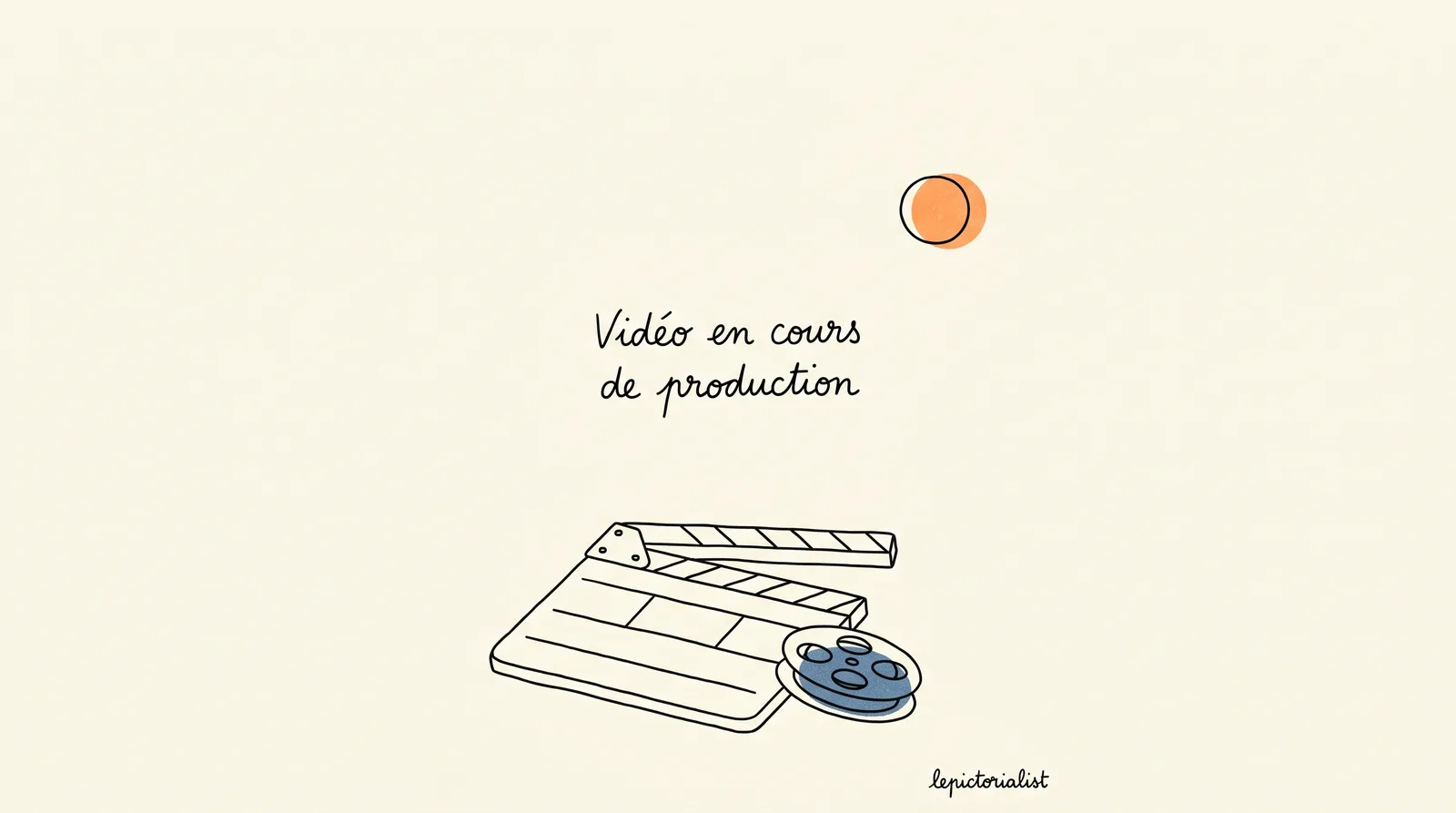 Vidéo tutoriel en cours de production — illustration ligne claire d'un clap de cinéma et d'une bobine de pellicule