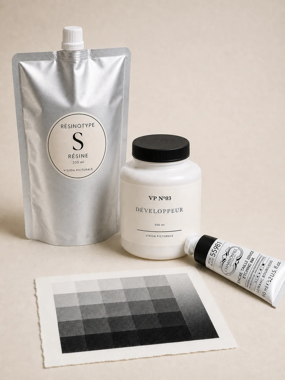 Coffret Bromoil — médium S Résinotype, VP N°03, tube Charbonnel 55981 et mire Bromoil