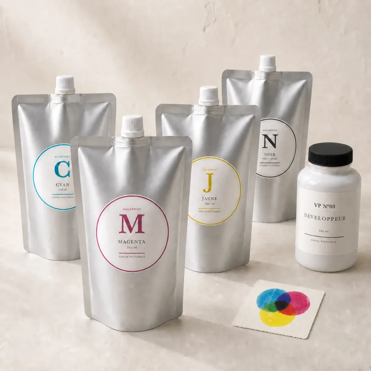 Coffret Aquaprint CMJN — pochons C, M, J, N, VP N°03 et mire CMJN