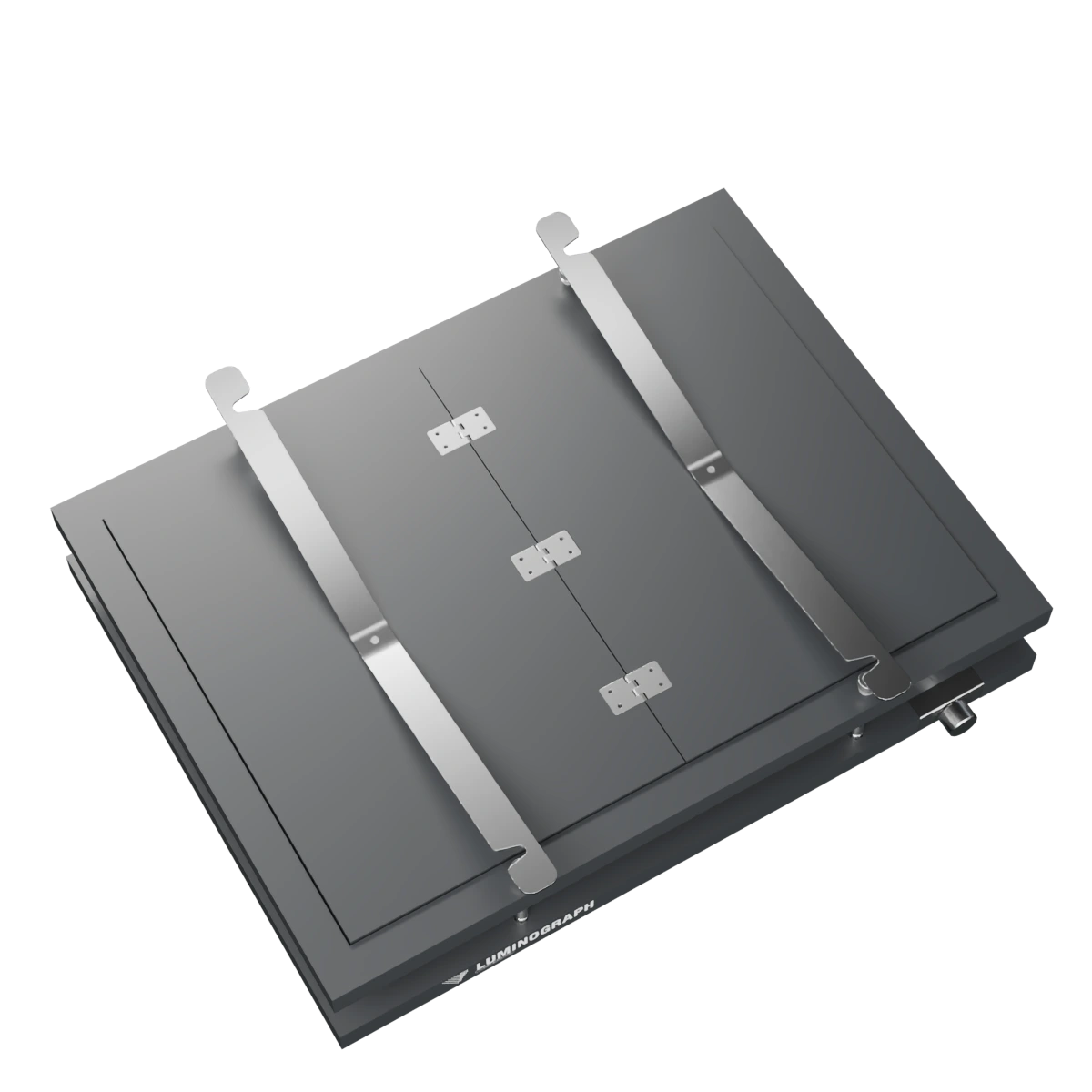 Luminograph A3+, close-up of the two press arms and the pressure-plate hinges