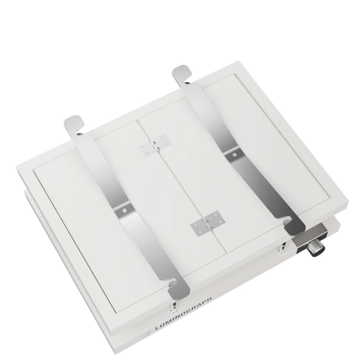 Luminograph A4, close-up of the two press arms and the pressure-plate hinges